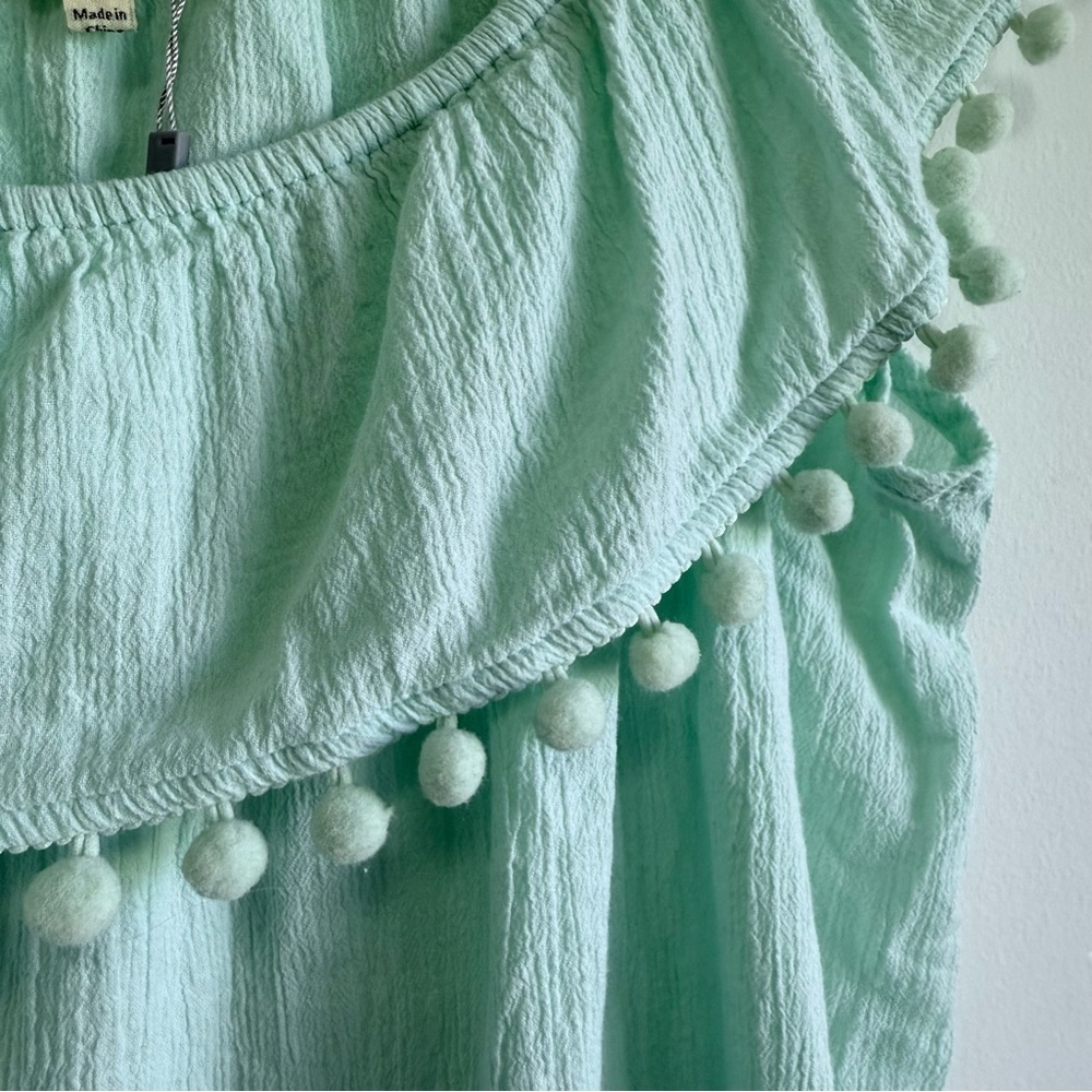 Kori Mint Boho Green Crinkle Off-Shoulder Tassel Pom Pom Blouse Top Size XL - Picture 3 of 6